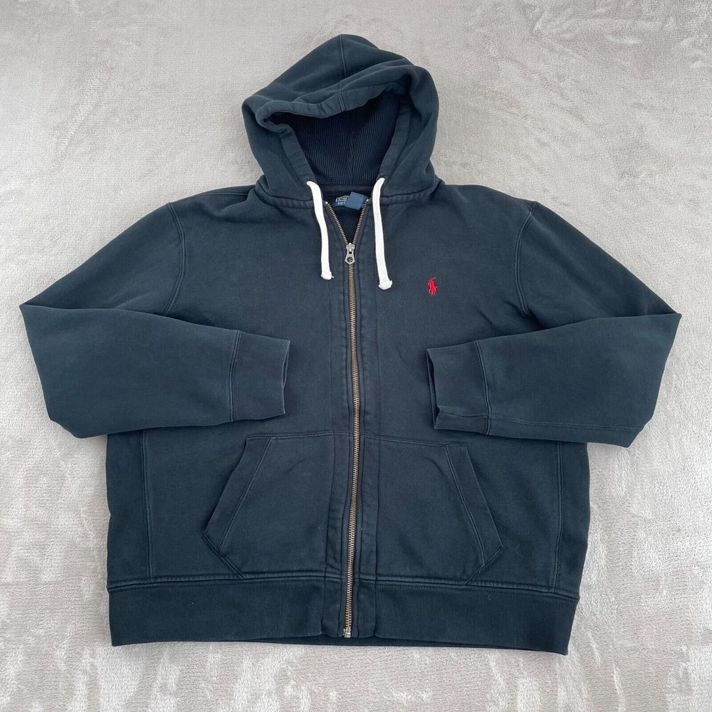 Polo Ralph Lauren Hoodie Men 2XL Black Heavyweight Thermal Hood Full Zip Pony